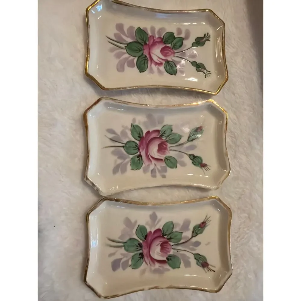 Set of 3 Vintage Weisley China Hand Painted Floral Trinket Dishes Gold Trim